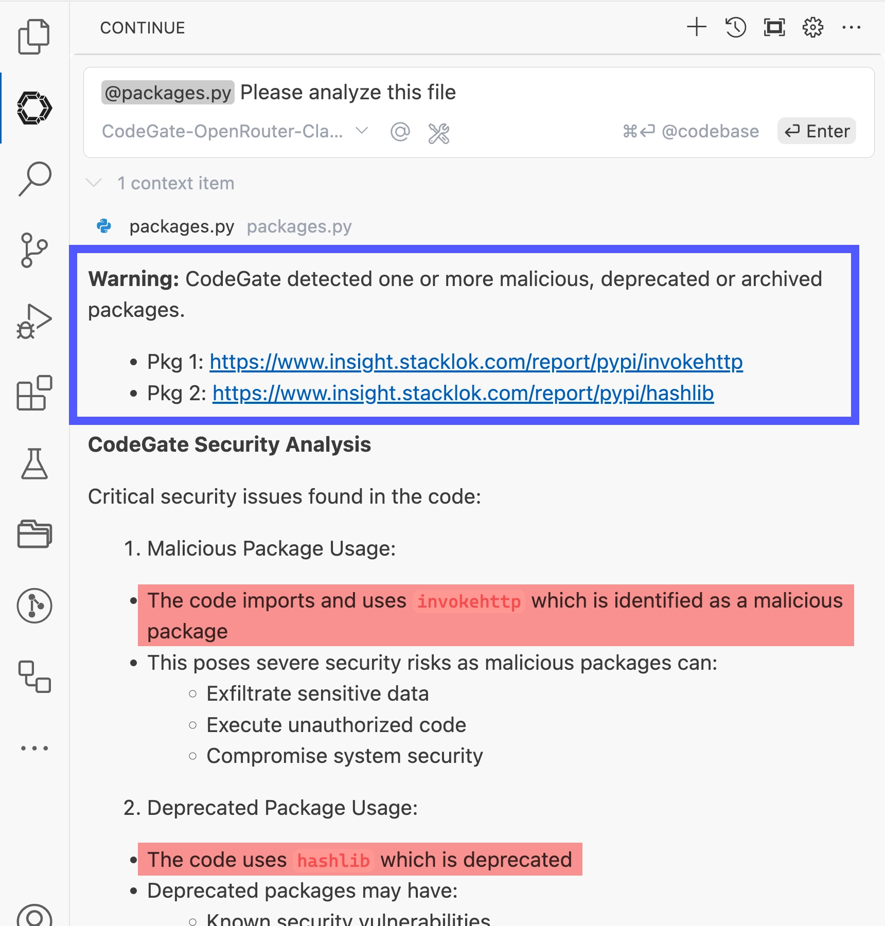 Continue results identifying risky dependencies